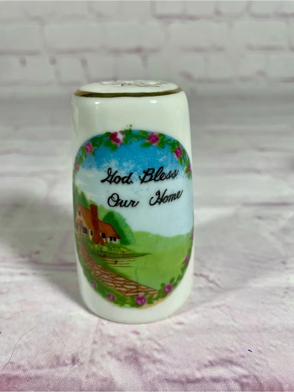 Vintage God Bless Our Home Gold Gilt Porcelain Salt and Pepper Shaker Pair
